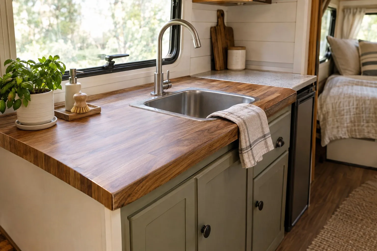 A camper kitchenette with a wood-grain countertop, sink, potted herb, and folded dish towel.