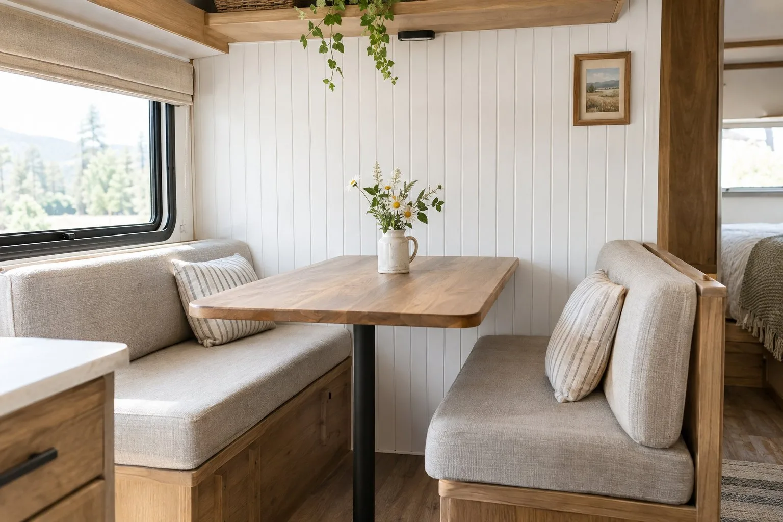 A small camper dinette with a wooden table, cushioned bench, and white grooved wall.