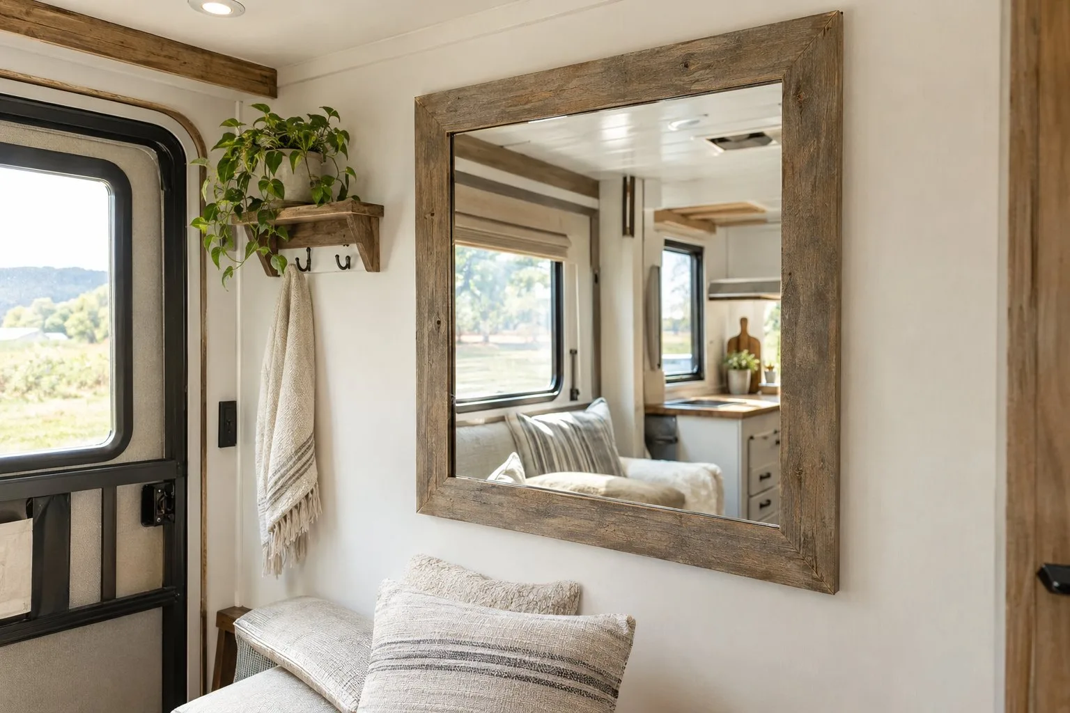 A wood-framed mirror hangs on the wall of a small camper interior.