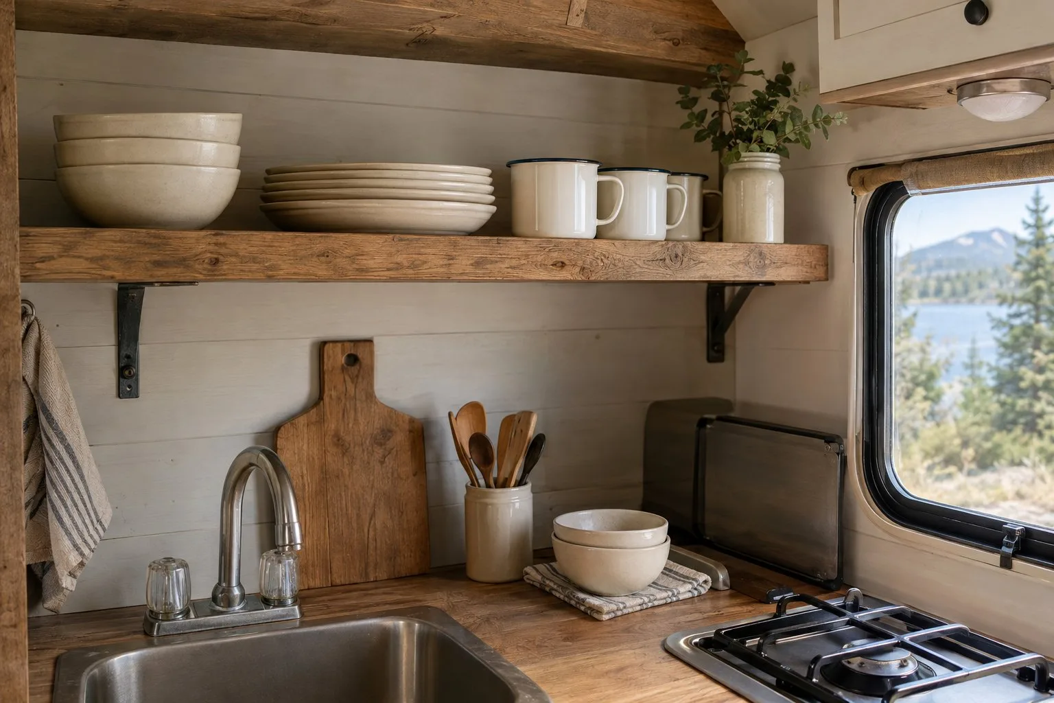 Mugs, bowls, and plates arranged on a shelf in a small camper kitchen.