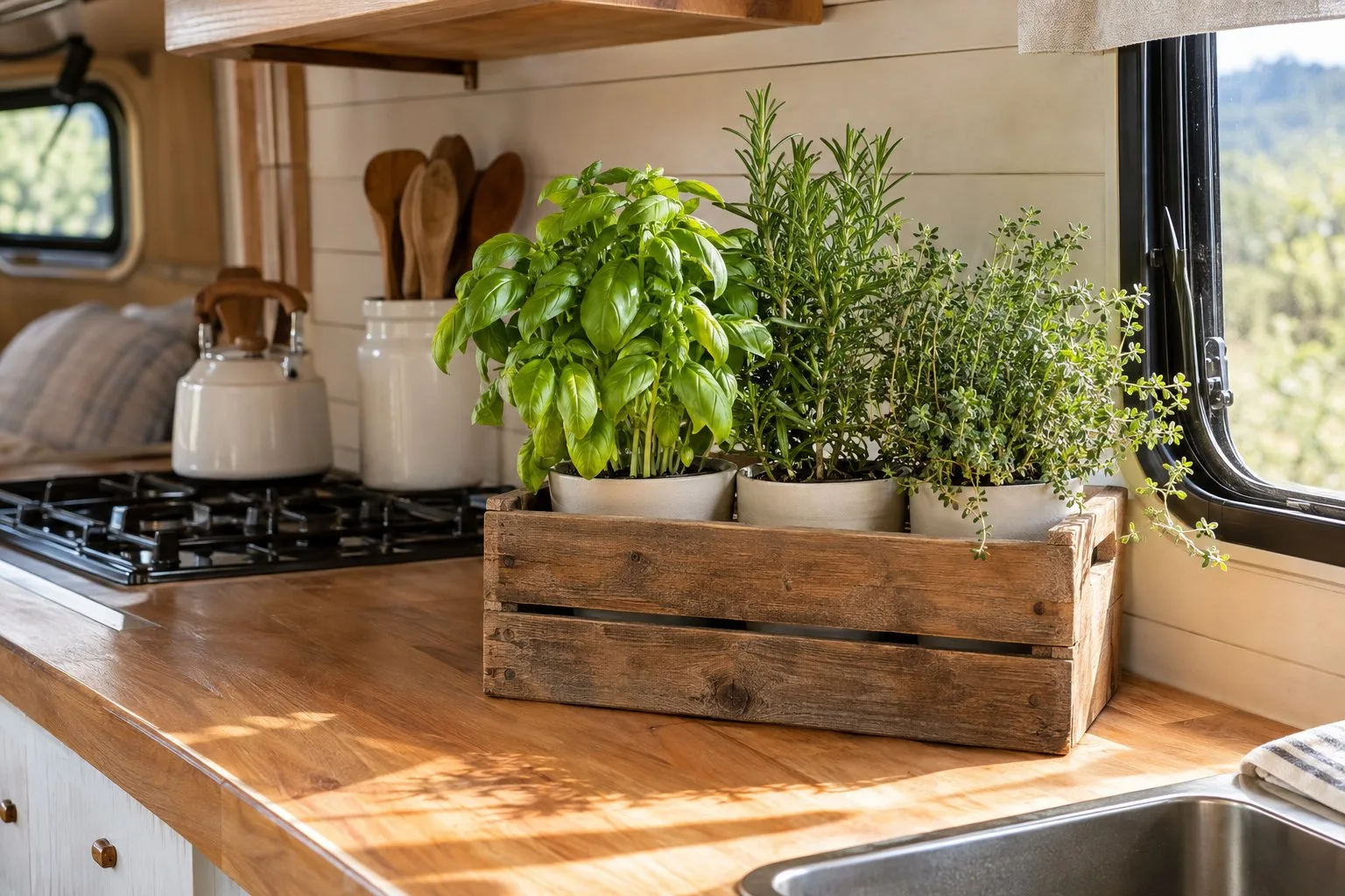 Potted herbs arranged in a small wooden crate on a camper kitchen counter.