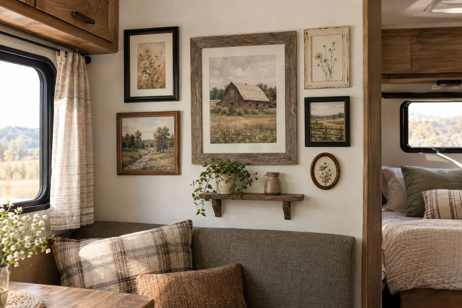 Framed pastoral pictures hang on a camper wall.