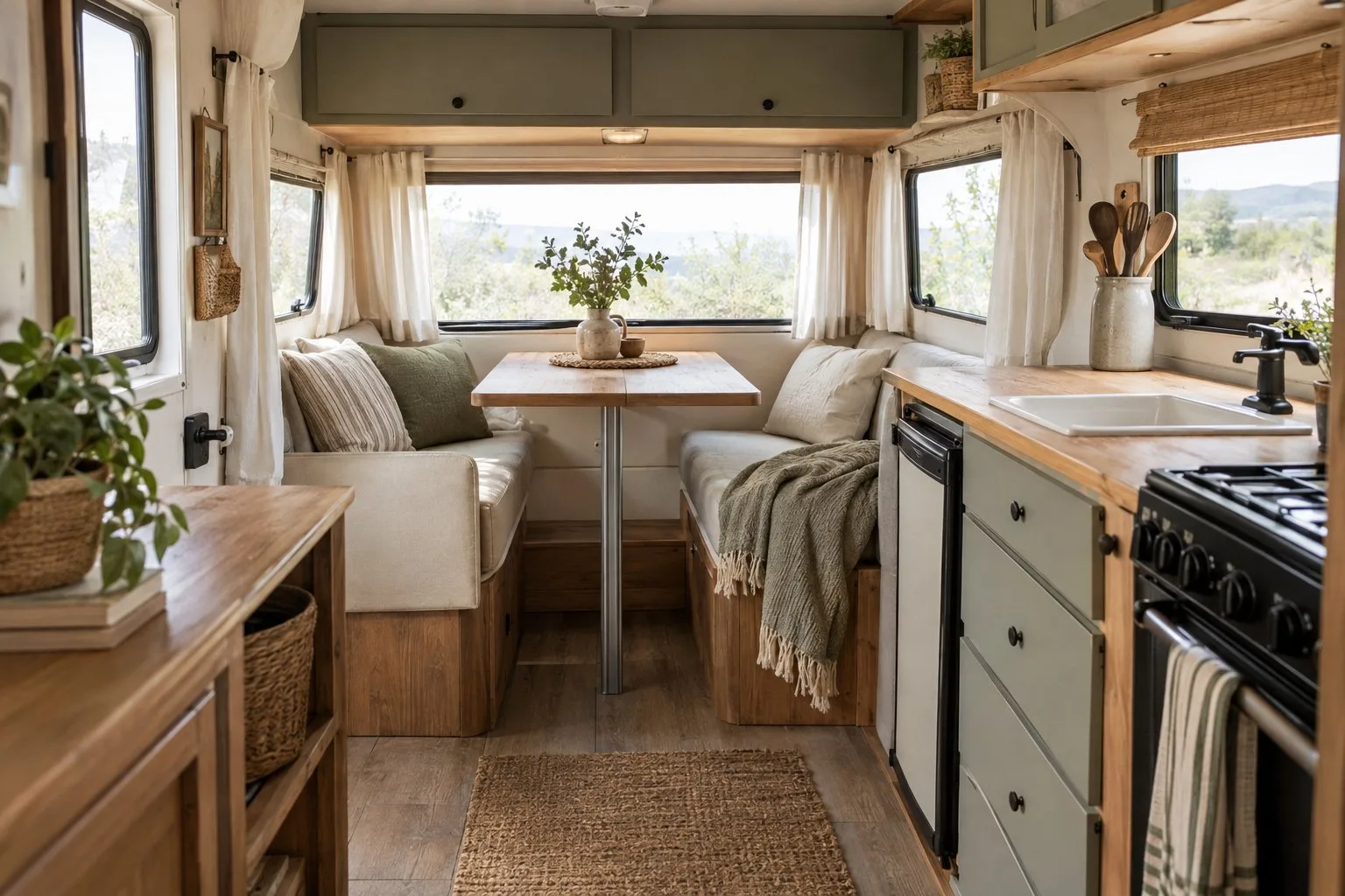 A compact camper interior with a small dinette, cushions, a basket, and greenery.