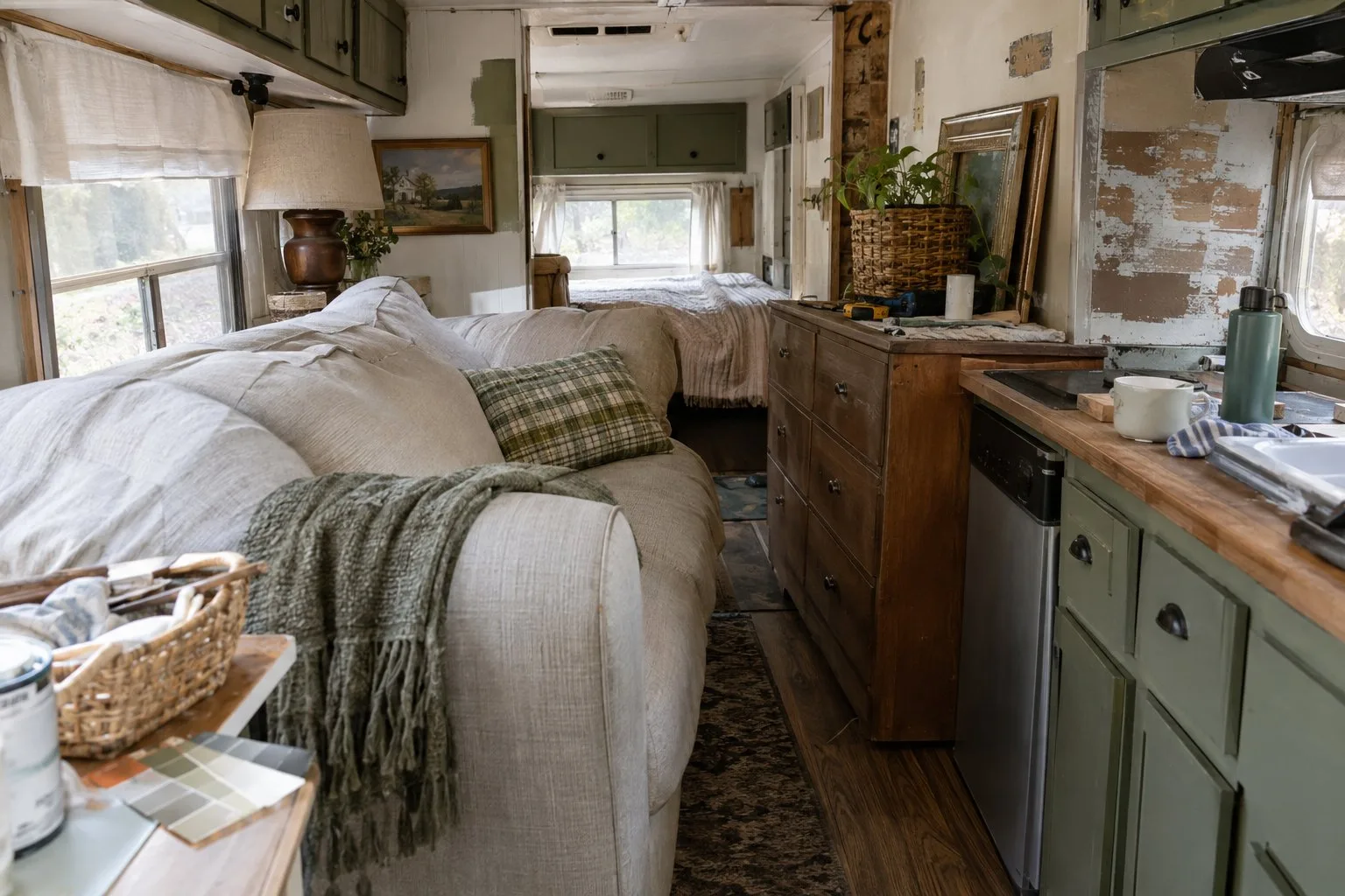 A cluttered camper interior with furniture and decor crowding the narrow walkway.