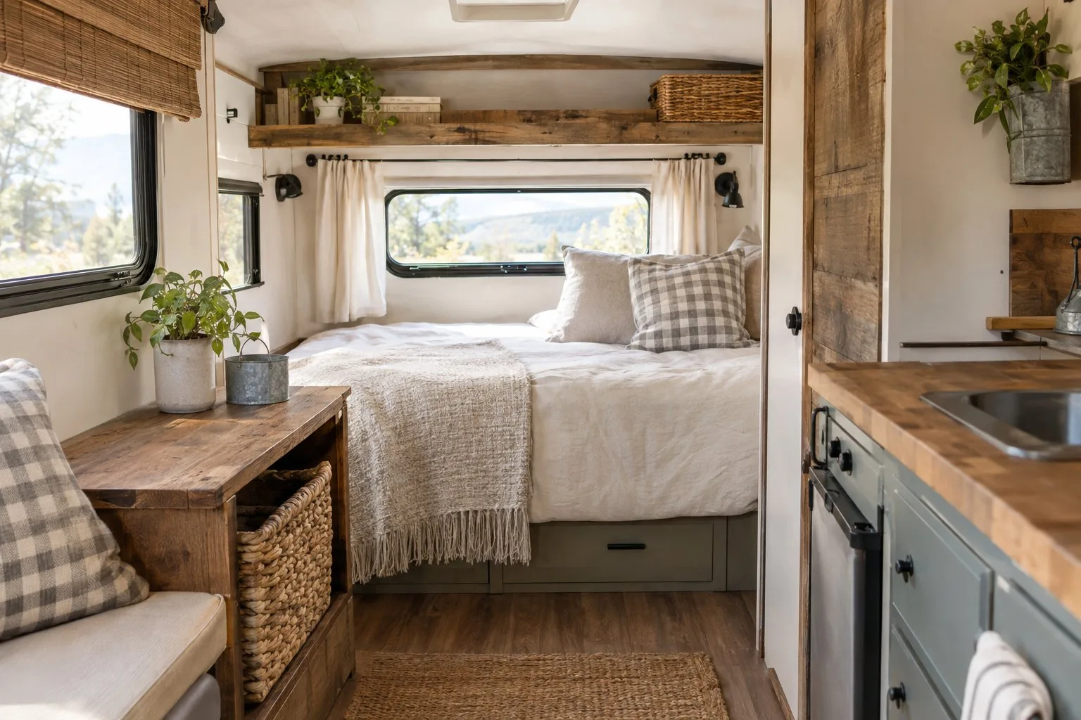 A compact camper interior with a neatly made bed, shelves, baskets, and a potted plant.