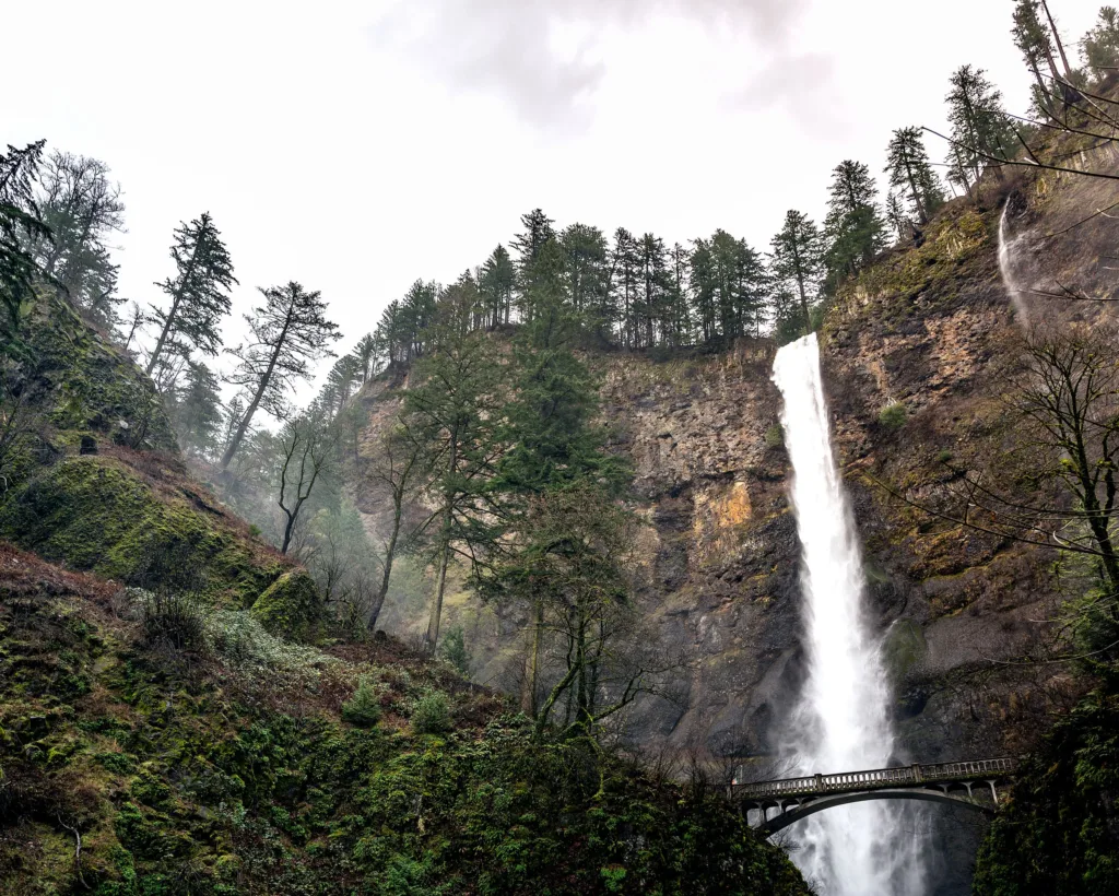 From below of powerful stream of Multnomah Falls flowing down rocky cliff with green fir trees growing on top near aged arched bridge against overcast sky in gorge