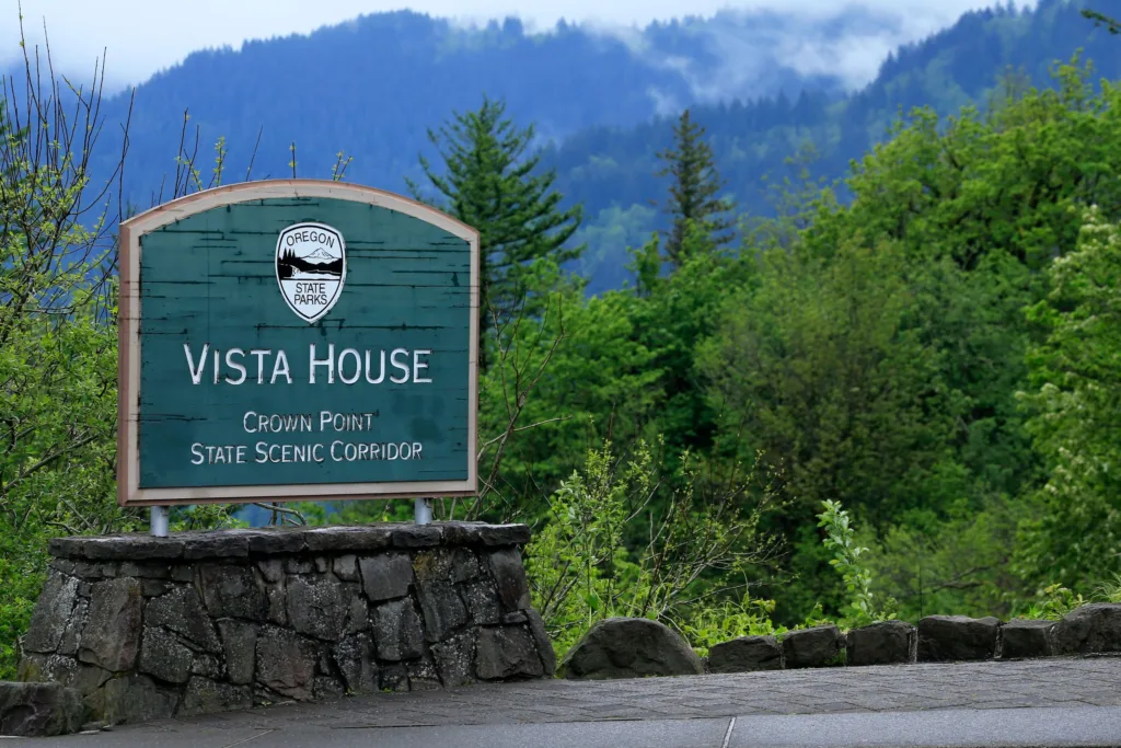 Signage at Vista House, Crown Point State Scenic Corridor, Oregon.